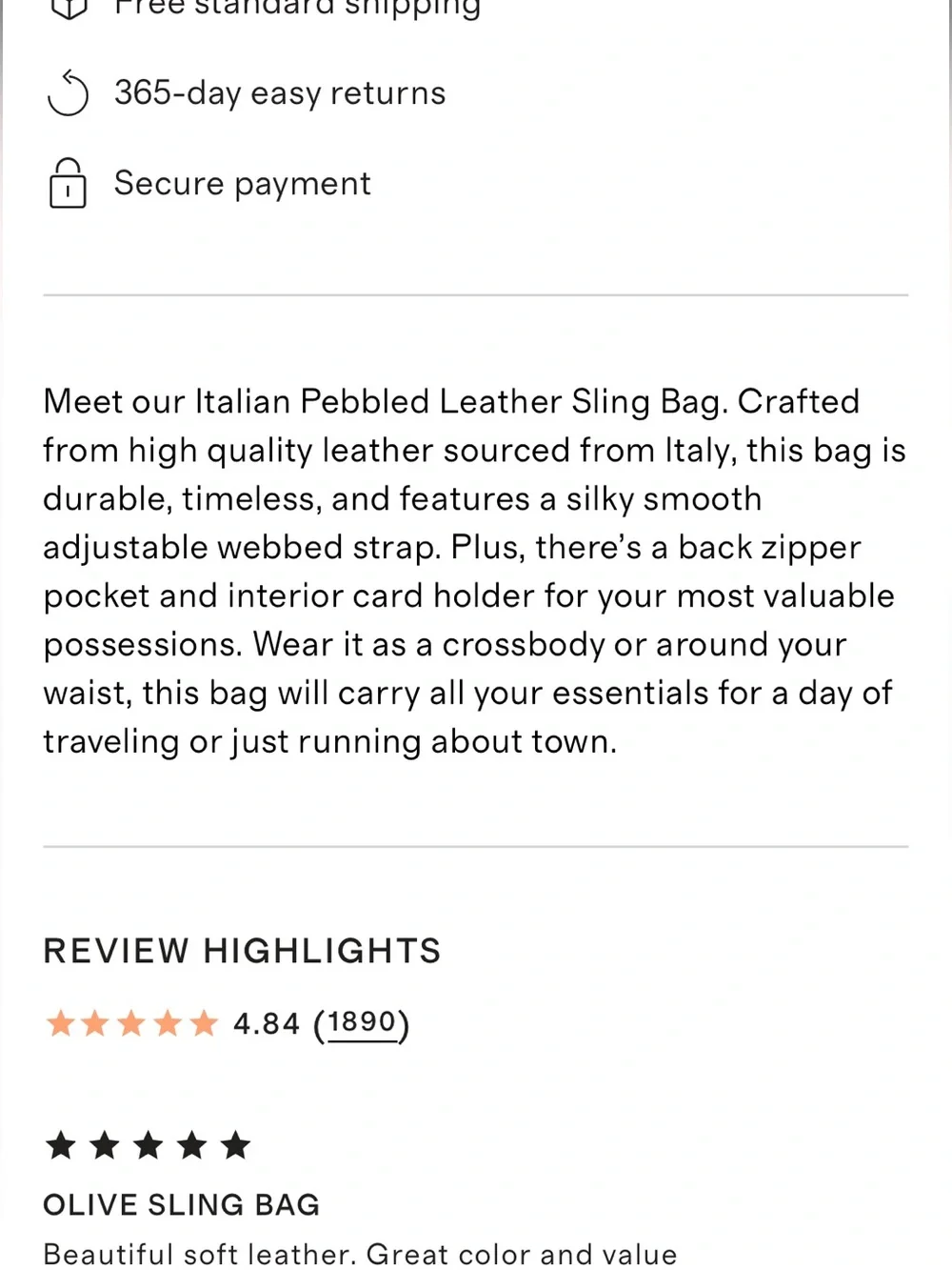NWOT Quince Italian Pebbled Leather Sling Bag Cognac Crossbody Purse - Picture 8 of 15